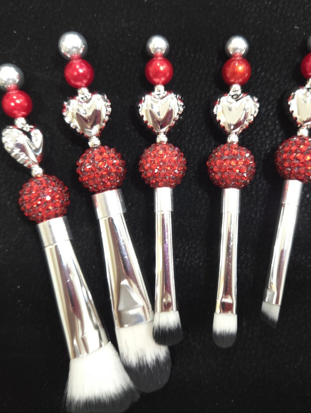 Red Crystal Beaded Makeup Brush Set with Heart Accents